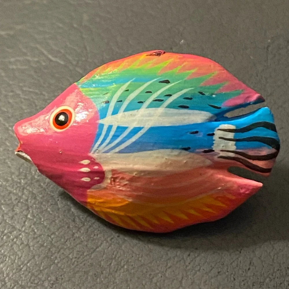 Vintage Colorful Wooden Hand Crafted Earrings Pierced Tropical Fish Design